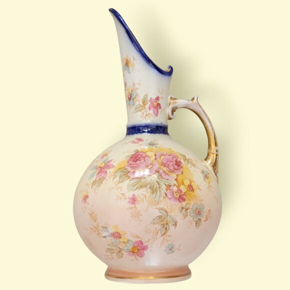 Antique Floral Porcelain Pitcher Vase | Jersey Pottery England | Gilt Handle - Picture 7 of 12